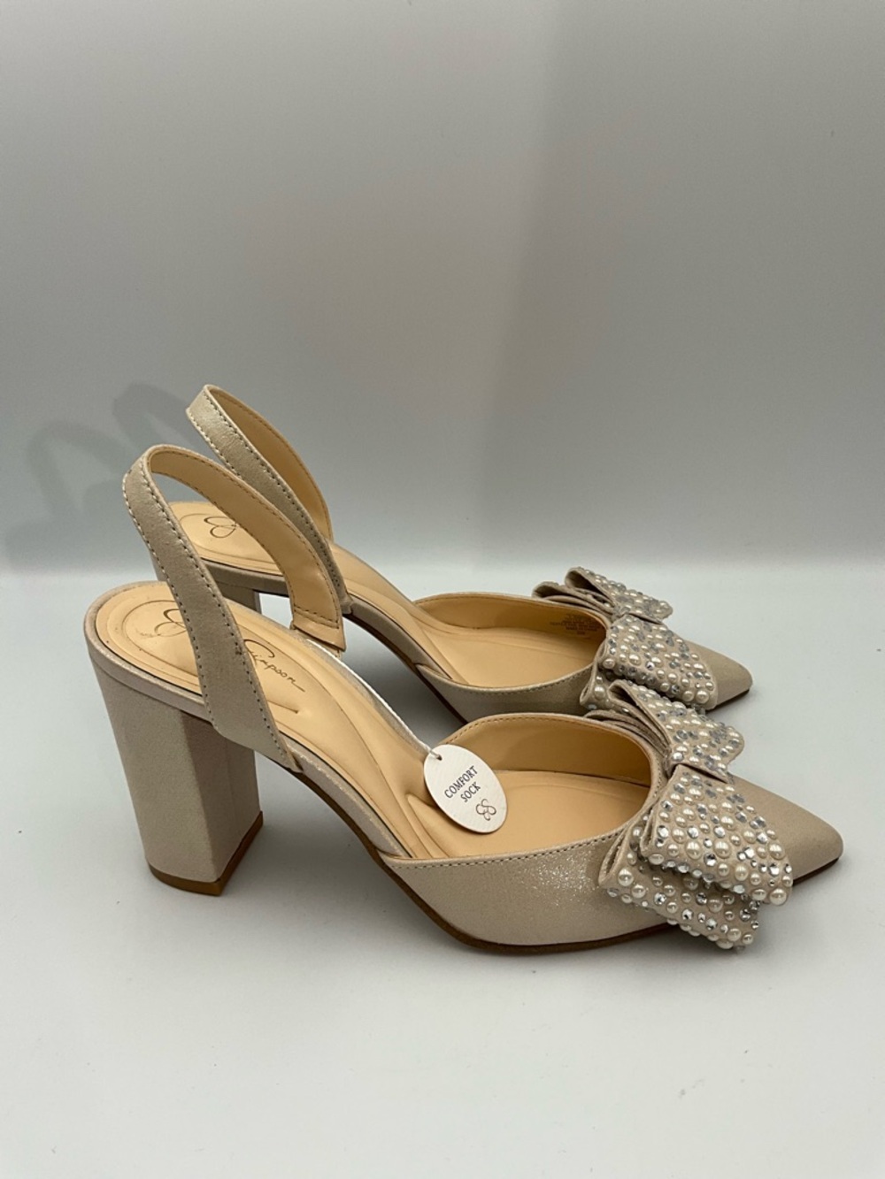 Jessica Simpson Heels Size 7.5 Champagne Rhinestone Bow Slingback Heels